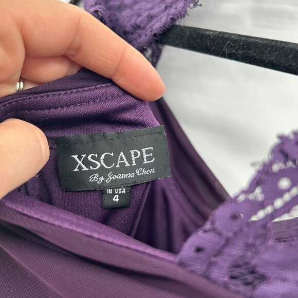 XSCAPE Eggplant Purple Lace Shoulder Ruched Drape Front Maxi Bridesmaid Dress 4 - Picture 7 of 7